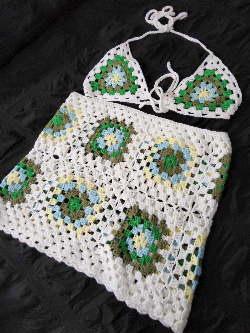White Crochet Bandeau Bikini Top and Skirt Set with Green Accents
